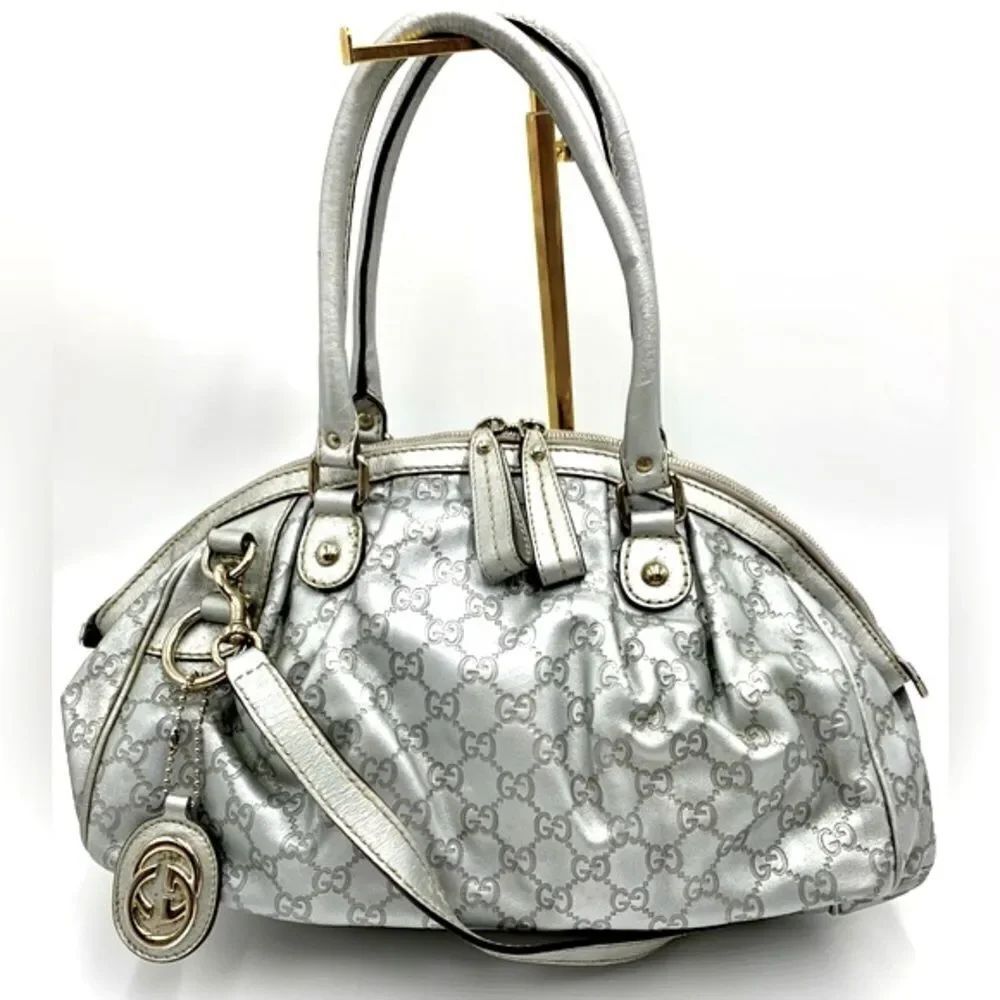 Auth Gucci Silver Gray Metallic Guccisima Leather Convertible Sukey Bowler Bag